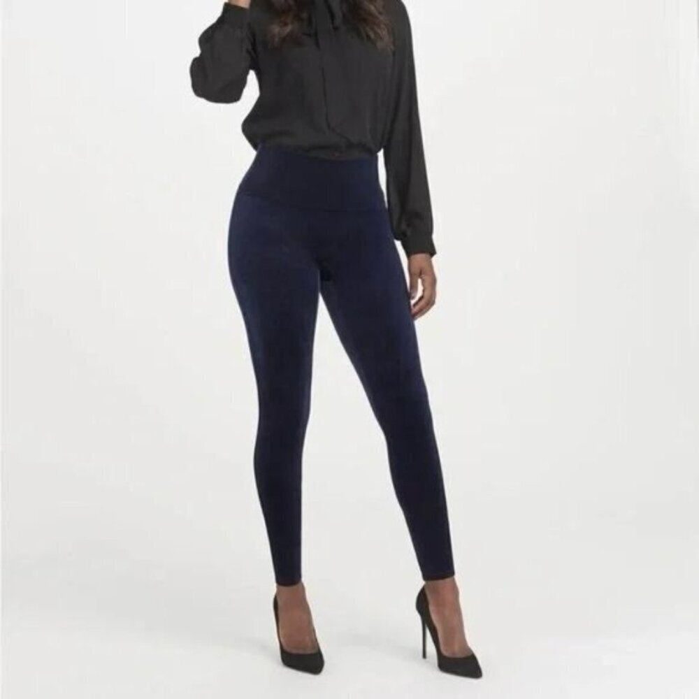 Spanx Velvet High Rise Contoured Power Waistband Shaping Leggings Size XS Navy